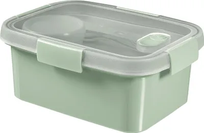 A green lunch box with a transparent lid and a gray seal.