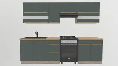 Obrázek produktu pro Kuchynská linka 270 cm – tmave zelená kuchyne – s pracovní deskou Lancelot z dubového dreva – vestavená kuchyne se zásuvkami s kovovými úchytkami – zlaté úchytky – GLAMOUR B PLUS