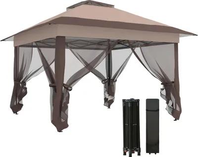 Image de Outsunny Tonnelle de jardin extšŠrieur tonnelle pliante 3,6x3,6m avec double toit acier polyester moustiquaires + sac de transport š€ roulettes kaki marron