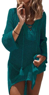 Produktbild von Damen Crochet Tunika Tops V-Ausschnitt Loungewear Kleid Strand Cover-Up