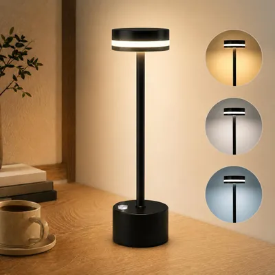 Produktbild von LED Tischlampe kabellos, 3 Farbtemperaturen & stufenlos dimmbar, Akku 1800mAh, 360° Licht, Wiederaufladbar Warme Lichtfarbe Tischleuchte, Schwarz