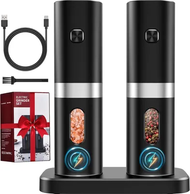 Produktbild von Elektrische Salz- und Pfeffermühle Set, Edelstahl Gewürzmühle mit Ladestation und LED-Licht, USB Aufladbar, Einstellbare Grobheit, 2 Stück, Schwarz