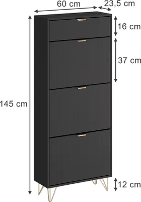 A black shoe cabinet with gold legs and gold handles, shown with dimensions indicated by measurement lines and text.