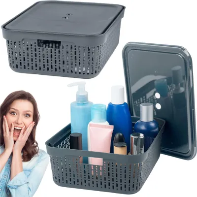 Image de Panier en plastique XL Boîte de rangement avec couvercle Gris