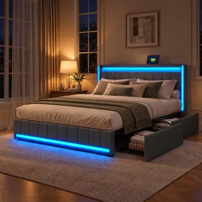Zdjęcie produktu dla Łóżko platformowe 140x200 cm, łóżko z pojemnikiem, 4 szuflady, łóżko tapicerowane z podświetleniem LED i portami USB, rama łóżka dwuosobowego z elastycznym stelażem, łóżko młodzieżowe, tkanina, kolor szary