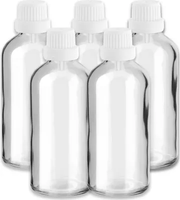 Produktbild von 5x Klarglasflasche 100 ml mit weißem Tropfer Tropfeinsatz leer 18/415