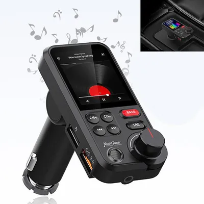 Produktbild von Bluetooth Adapter Auto, Bluetooth FM Transmitter Auto mit 1,8" Farbdisplay, Freisprechanlage, QC3.0 Schnellladung, Bass & Höhen Musikplayer,USB/AUX/TF