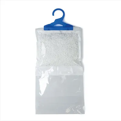 A hanging dehumidifier bag with a blue hanger.