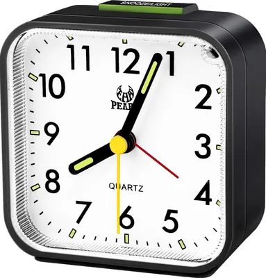 A close-up studio shot of a black analog alarm clock with a white face.
