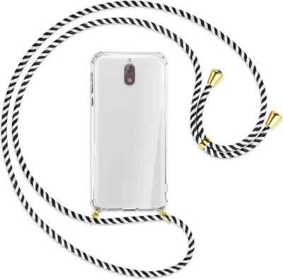 Produktbild von Handykette Backcover-Schutzhülle mit Band (Metall goldfarben) für Nokia 3.1 - schwarz/weiß gestreift