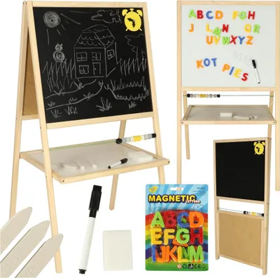 A multi-sided easel with a chalkboard and whiteboard, along with magnetic letters and writing tools.
