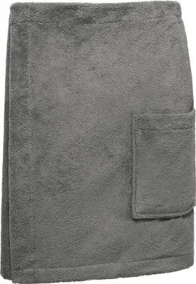 A folded gray towel with a pocket.