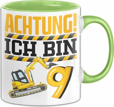 Produktbild von 9. Geburtstag Geschenk Tasse Becher Jungs Baustelle Geburtstagsgeschenk Achtung Ich Bin 9 (Grün)