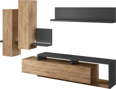Image de Ensemble meubles de salon avec LED collection BERGAME. Coloris chêne et gris.
