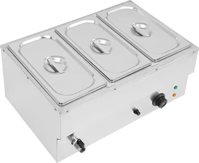 Produktbild von Elektrischer Speisenwärmer - Buffetwärmer mit 3 Behältern - Temperatur einstellbar 30–110 °C - 220 V EU-Stecker - 57x38x27 cm - Silber