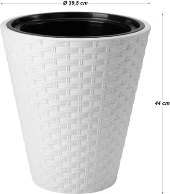 Produktbild von Blumenübertopf mit herausnehmbarem Einsatz im stillvollen Rattanmuster, für draußen und innen, frostbeständig, Durchmesser: 39,5 | Höhe: 44 cm, weiß
