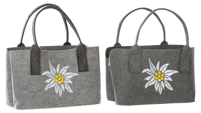 Imagen del producto de Bolso rectangular, diseño "Edelweiss", motivo de Edelweiss, fieltro, color gris claro, color gris oscuro. Dimensiones: 24 cm de largo, 40 cm de ancho, 26 cm de alto. Código: 42436. Código de barras: 4009079424362. Pack de 2 unidades (variedad de colores)