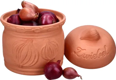 A terracotta onion pot with a lid, filled with red and brown onions. Some onions are also placed next to the pot.