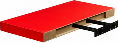A red floating shelf with black metal brackets is shown against a white background.
