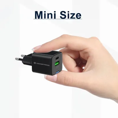 Produktbild von Conceptronic 2-Port 20W GaN USB-PD-Ladegerät, USB-C x 1, USB-A x 1, QC 3.0, PPS, Drinnen, AC, 12 V, Schwarz