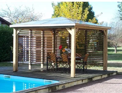 Image de Pool House Blueterm - Bois Thermochauffé - Toit en Panneaux ACP - 2 Parois avec Ventelles Mobiles