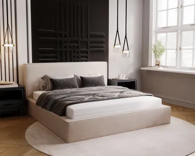 Image de Lit rembourré 160x200 Amare - Lit double, coffre de rangement, sommier à lattes - Velours, lit design, beige