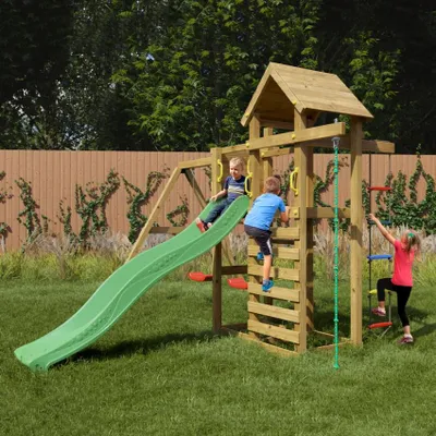Immagine prodotto di Area giochi per bambini in giardino, completa di scivolo, struttura per arrampicata, casetta e altalene. Mixter