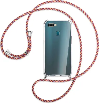 Produktbild von Handykette Backcover-Schutzhülle mit Band (Metall silberfarben) für Oppo A7 / AX7 - weinrot/gelb/grau