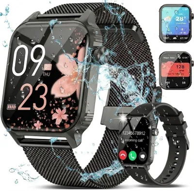 Produktbild von Smartwatch mit Telefonfunktion für Damen & Herren, 1,85 Zoll, Silikon- & Edelstahlarmband, 200+ Sportmodi, Herzfrequenz, SpO2, IP68