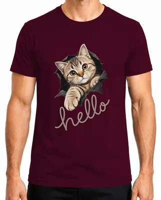 Imagen del producto de Camiseta para hombre con estampado "Hola, gatito lindo", diseño sarcástico, color burdeos, talla L