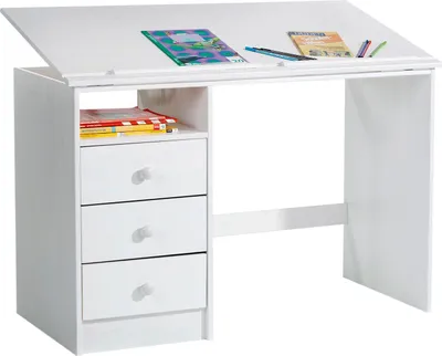 Produktbild von Kinderschreibtisch KEVIN aus Kiefer in weiß, schöner Schülerschreibtisch mit Neigungsverstellung, praktischer Schreibtisch mit 3 Schubladen und Ablagefach