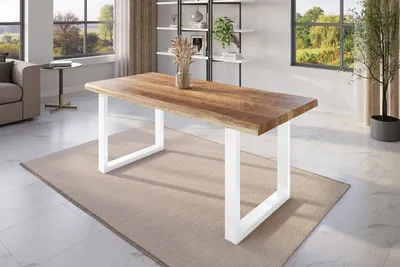 Produktbild von Esstisch Baumkante 180 x 90 cm Mangoholz Rough U-Gestell weiß ATLAS