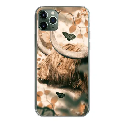 Produktbild von MuchoWow® Handyhülle Schutzhülle Hülle für iPhone 11 Pro Max Schottische Highlander - Schmetterlinge - Blätter Silikon Softcase Handy Hülle - Schutz