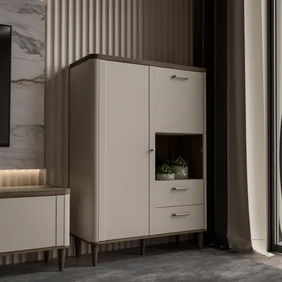 Produktbild von Forte LACETTI Schrank 100, modernes Highboard mit abgerundeten Ecken, Tür, Kippfach und 2 Schubladen, Kaschmir | Beige mit Valencia Eiche Holzdekor, 100,1 cm breit x 142,9 cm hoch x 41,2 cm tief