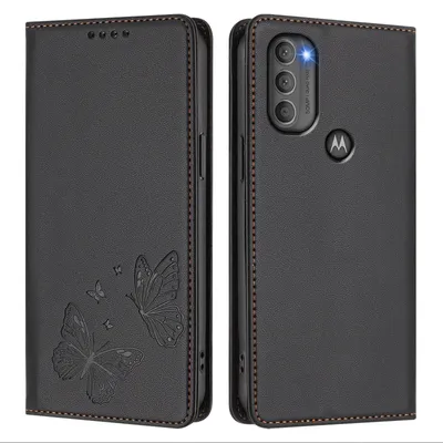 Produktbild von Lederhülle für Motorola Moto G71 5G, Schmetterling Prägung Leder Brieftasche Schutzhülle mit Ständer Schwarz