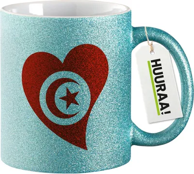 Produktbild von Huuraa Glitzertasse Tunesien Flagge Herz 330ml Blau Keramik Kaffeebecher Geschenkidee