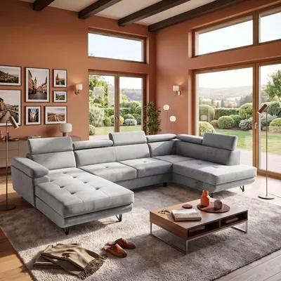 Produktbild von MUFFO Ecksofa U-Form JUNIOR U Rechts mit Schlaffunktion 128x254 Velours Grau