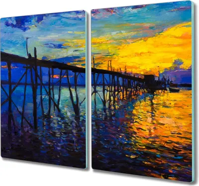 Produktbild von Coloray Kochplattenabdeckung Herdabdeckplatte 2x30x52 cm Hackbrett Schneidebrett Küchenbrett - Pier Sonnenuntergang