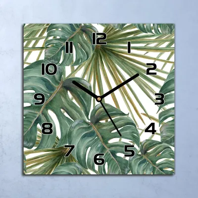 Produktbild von Wanduhr Echt-Glas-Küchenuhr Exotische Blätter Quarz Lautlos 30x30 Deko Bilder