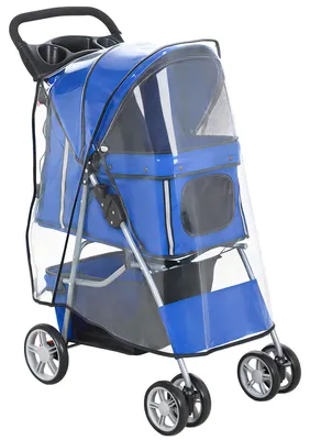 Produktbild von Hundewagen Hundebuggy Faltbar Katzenwagen bis 10kg mit Regenschutz Reflektorstreifen Aufbewahrungskorb 77x44x102cm Blau
