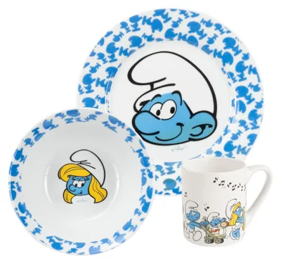 Image de Ensemble de petit-déjeuner Les Schtroumpfs pour enfants - Set en porcelaine composé d'une assiette, d'un bol et d'une tasse