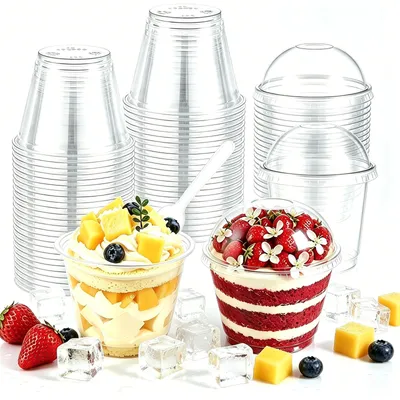 50 Dessertbecher 200 ml mit Deckel & Löffel, transparent, rund