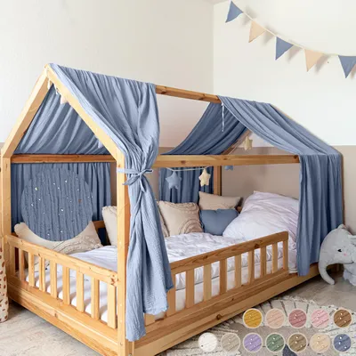 Produktbild von Musselin Hausbett Himmel für Kinderzimmer mit Gold Applikation