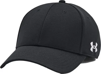 A black Under Armour baseball cap is shown against a white background.