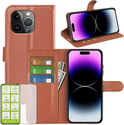Produktbild von Für Apple iPhone 15 Pro Max Handy Tasche Braun Etuis Kunst-Leder Hülle Case + H9 Hart Glas
