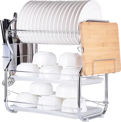 Produktbild von Multifunktionales 3-Tier-Geschirrregal Kue chenbedarf Lagerregal Abtropfgestell mit Essstaebchen / Messer / Schneidebretthalter Abtropfbrett