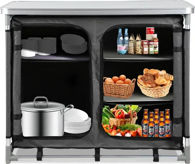 Zdjęcie produktu dla Kuchnia kempingowa Jayseuw 97 x 78 x 50 cm, szafka kempingowa z aluminiową ramą, meble kempingowe, kuchnia kempingowa na świeżym powietrzu, składana