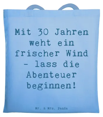 Produktbild von Mr. & Mrs. Panda Tote Bag Spruch 30. Geburtstag Abenteuer - Sky Blue - Geschenk, Baumwolltasche, Beutel, 30 Jahre, Alter, dokumententasche, dreißig werden, Einkaufstasche