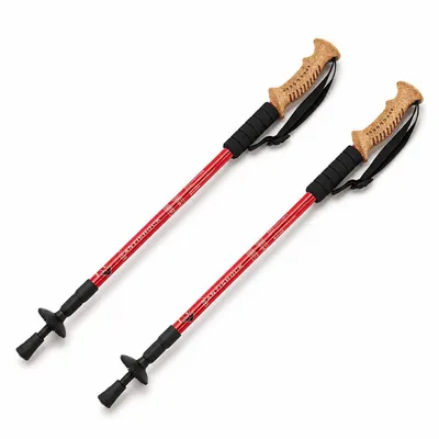 Produktbild von MidGard Nordic Walking Stock Teleskop Antischock Wanderstöcke aus Aluminiumlegierung mit Korkgriff & Dämpfung verstellbar in der Länge 65-135 cm Rot 2 Stk.