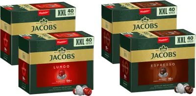 Produktbild von JACOBS Kapseln Nespresso®* kompatibel  2 x 40 Lungo 6 Classico + 2 x 40 Espresso 10 Intenso XXL-Pack - insgesamt 160 Getränke